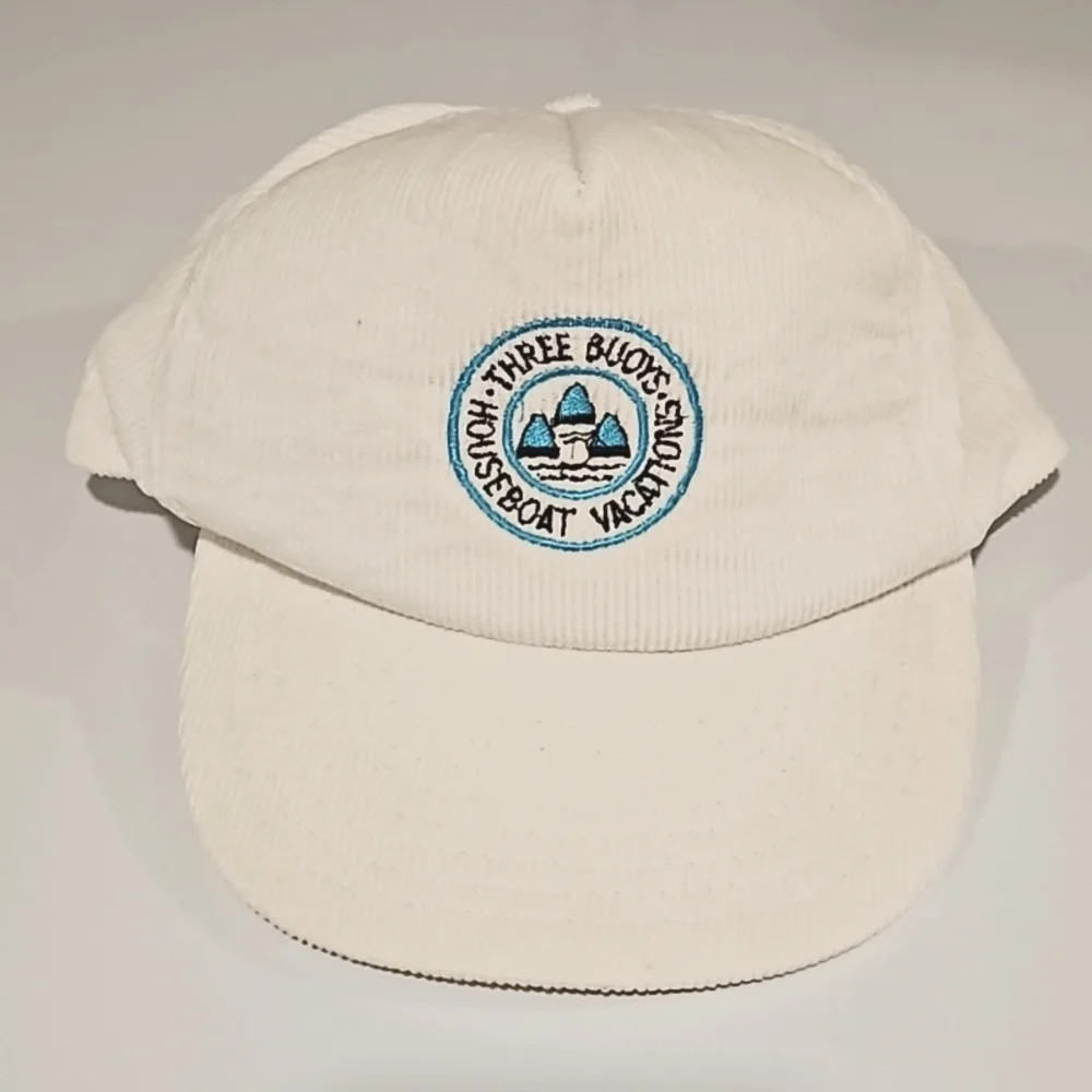 Vintage 80's Rare Three  Buoys House Boat Vacations White Corduroy Hat